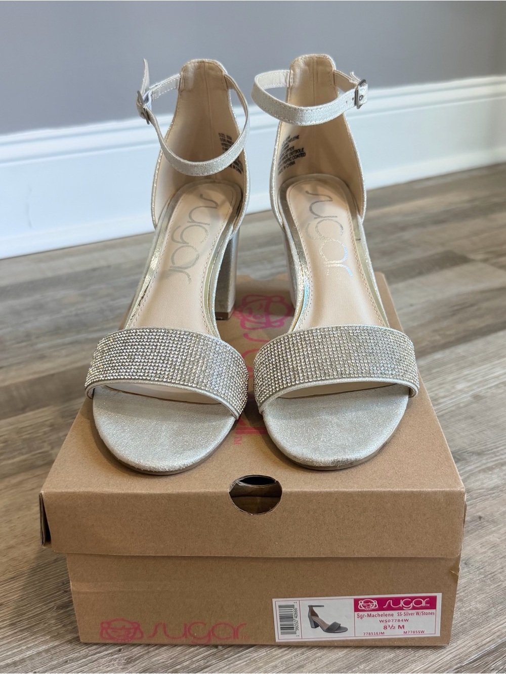 SUGAR | Women's Sparkling Silver Block Heel Sandals, Sz 8.5
